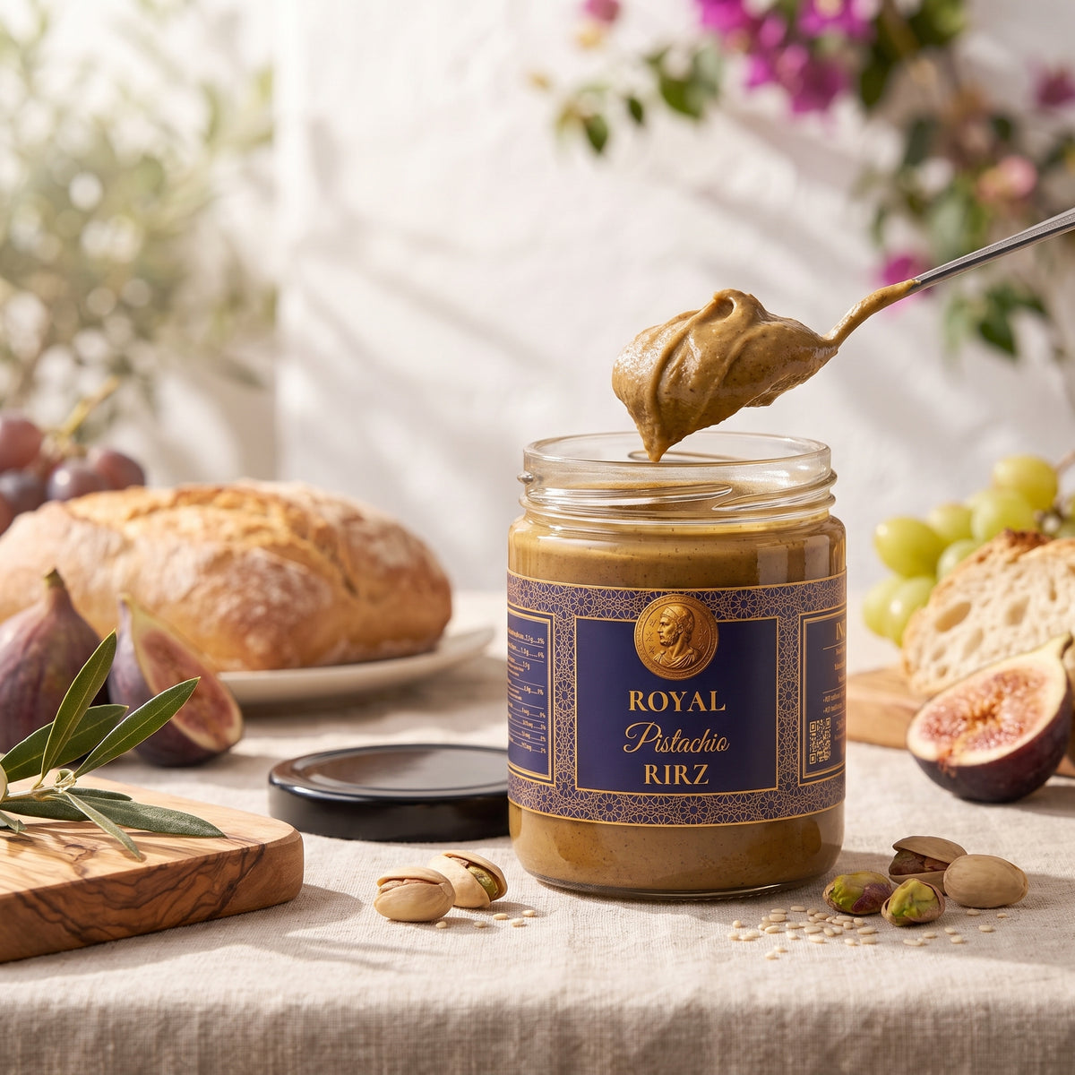 Royal Pistachio RIRZ on a Mediterranean breakfast table with a spoon of the cream