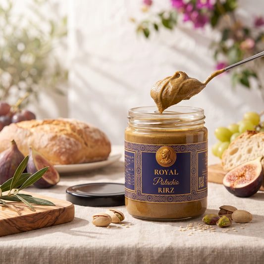 Royal Pistachio RIRZ on a Mediterranean breakfast table with a spoon of the cream