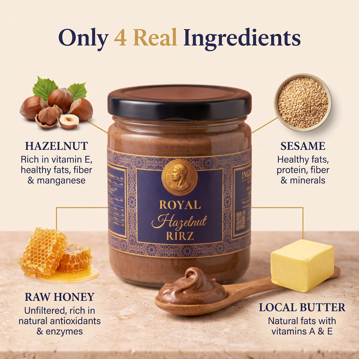 Royal Hazelnut RIRZ - only 4 real ingredients: hazelnut, sesame, raw honey, local butter