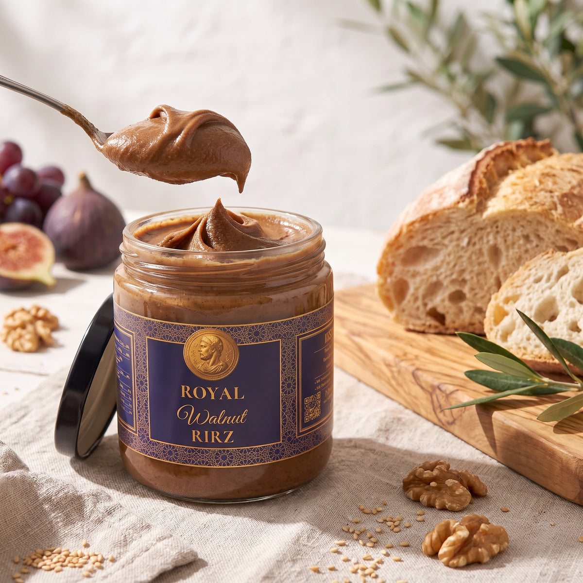 Royal Walnut RIRZ on a Mediterranean breakfast table with a spoon of the cream