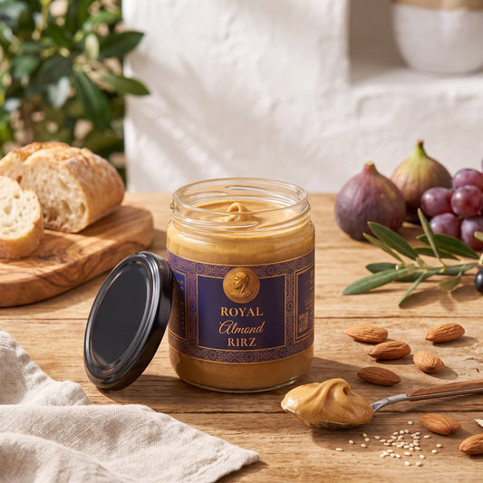 Royal Almond RIRZ on a Mediterranean breakfast table with a spoon of the cream