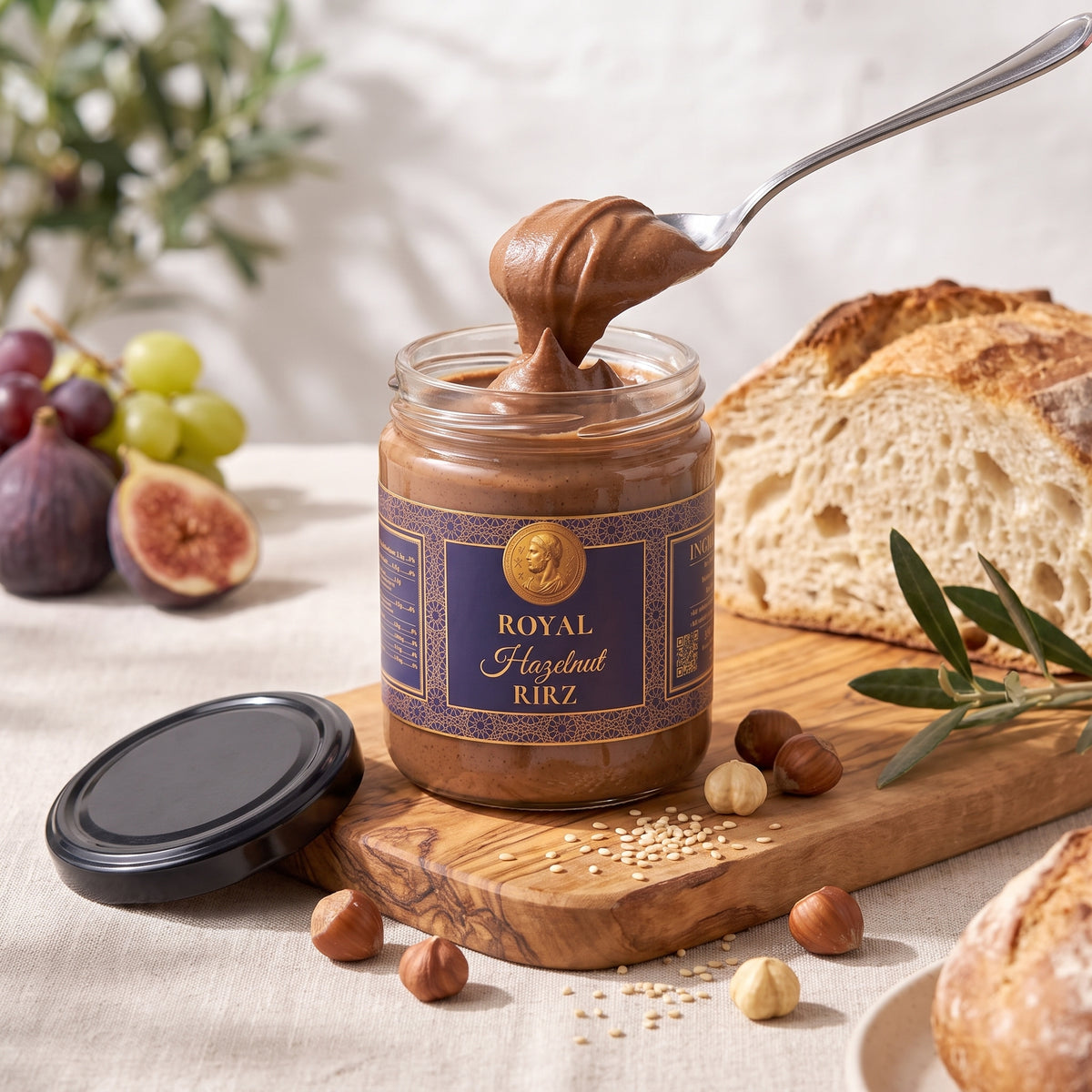 Royal Hazelnut RIRZ on a Mediterranean breakfast table with a spoon of the cream